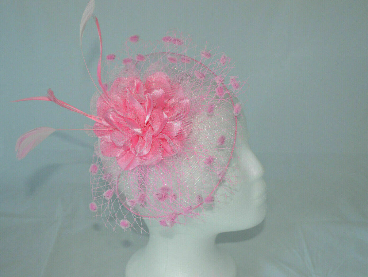 Katie Satin Flower & Feather Hat Fascinator, Main Colour - Baby Pink