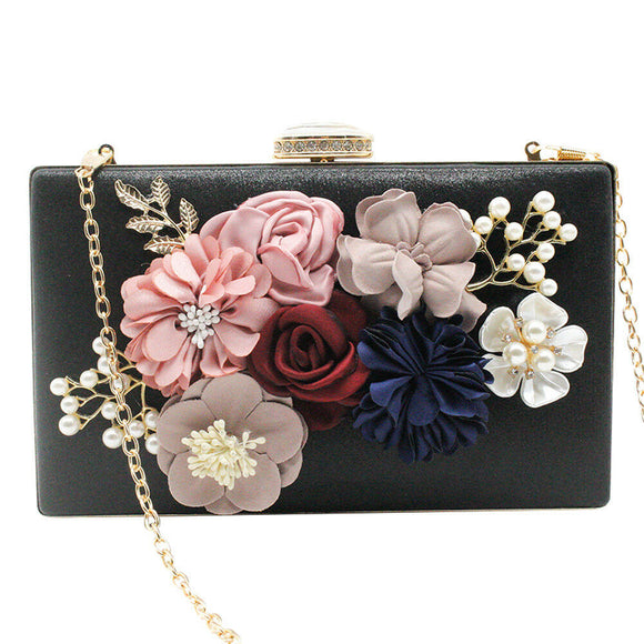 Flower and Bead Clutch Bag, Colour: - Black