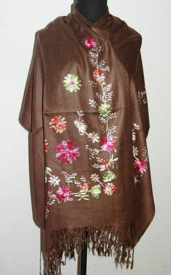 Susan Soft Pashmina Style Embroidered Wrap, Colour - Brown