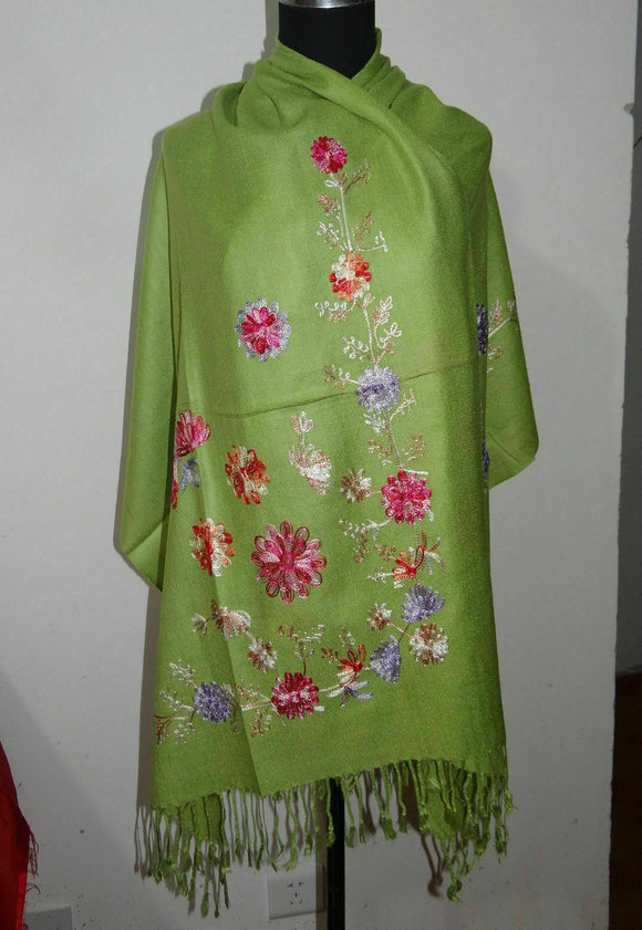 Susan Soft Pashmina Style Embroidered Wrap, Colour - Green