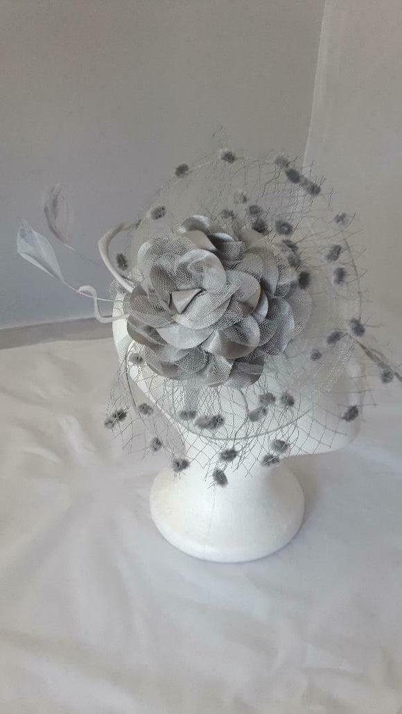 Katie Satin Flower & Feather Hat Fascinator, Main Colour - Grey