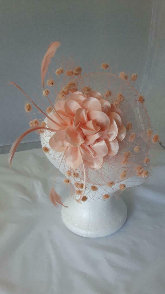Katie Satin Flower & Feather Hat Fascinator, Main Colour - Peach