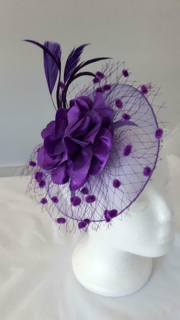 Katie Satin Flower & Feather Hat Fascinator, Main Colour - Purple