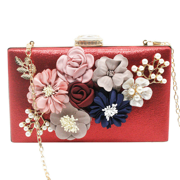 Flower and Bead Clutch Bag, Colour: - Red