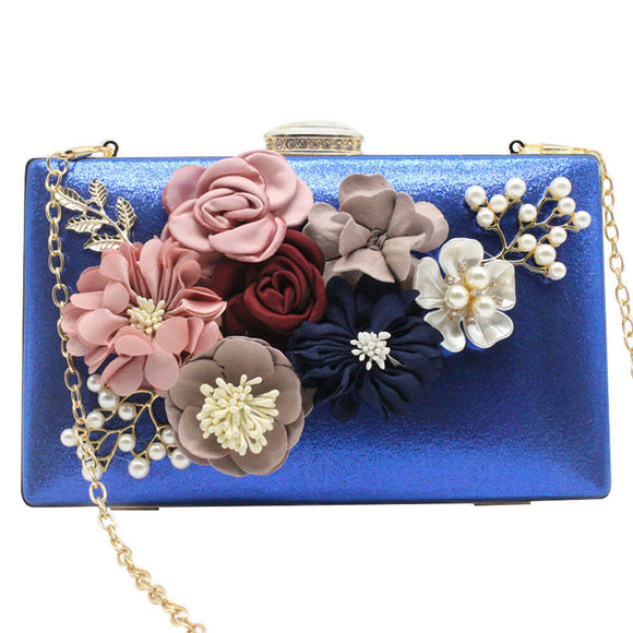 Flower and Bead Clutch Bag, Colour: - Royal Blue