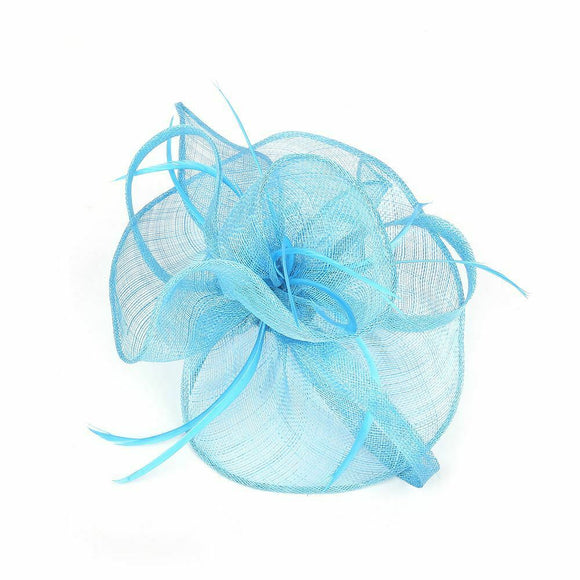 Greta Fascinator Alice Headband Clip Feathers Hat Wedding Race Royal Ascot Head Piece, Main Colour - Sky Blue