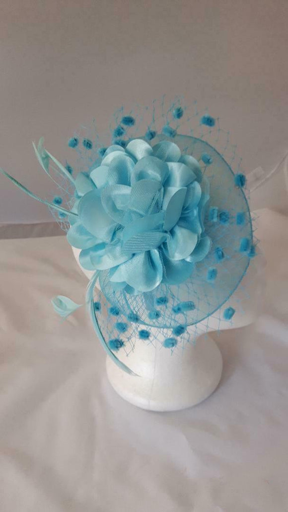 Katie Satin Flower & Feather Hat Fascinator, Main Colour - Turquoise Blue