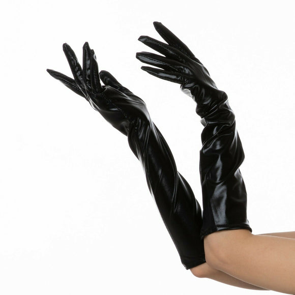 Elegant Long Finger Gloves , Main Colour - Wet Look Black