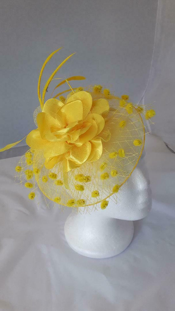 Katie Satin Flower & Feather Hat Fascinator, Main Colour - Yellow